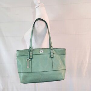 Fossil Hunter Green Leather Tote Bag Genuine Leather Minimal Wear Shoulder Bag
